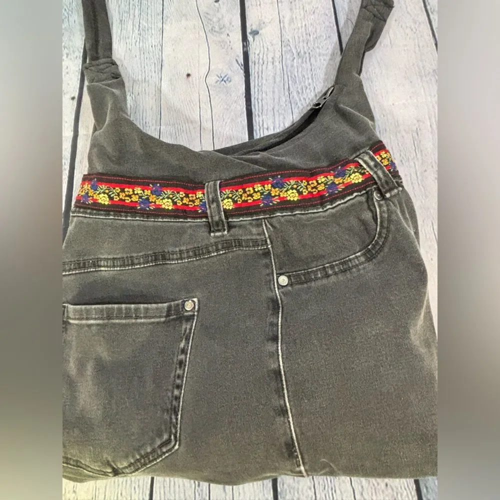 Handcrafted Black Denim Slouchy Hobo Embroidery Trim Upcycled Jean Bag Purse